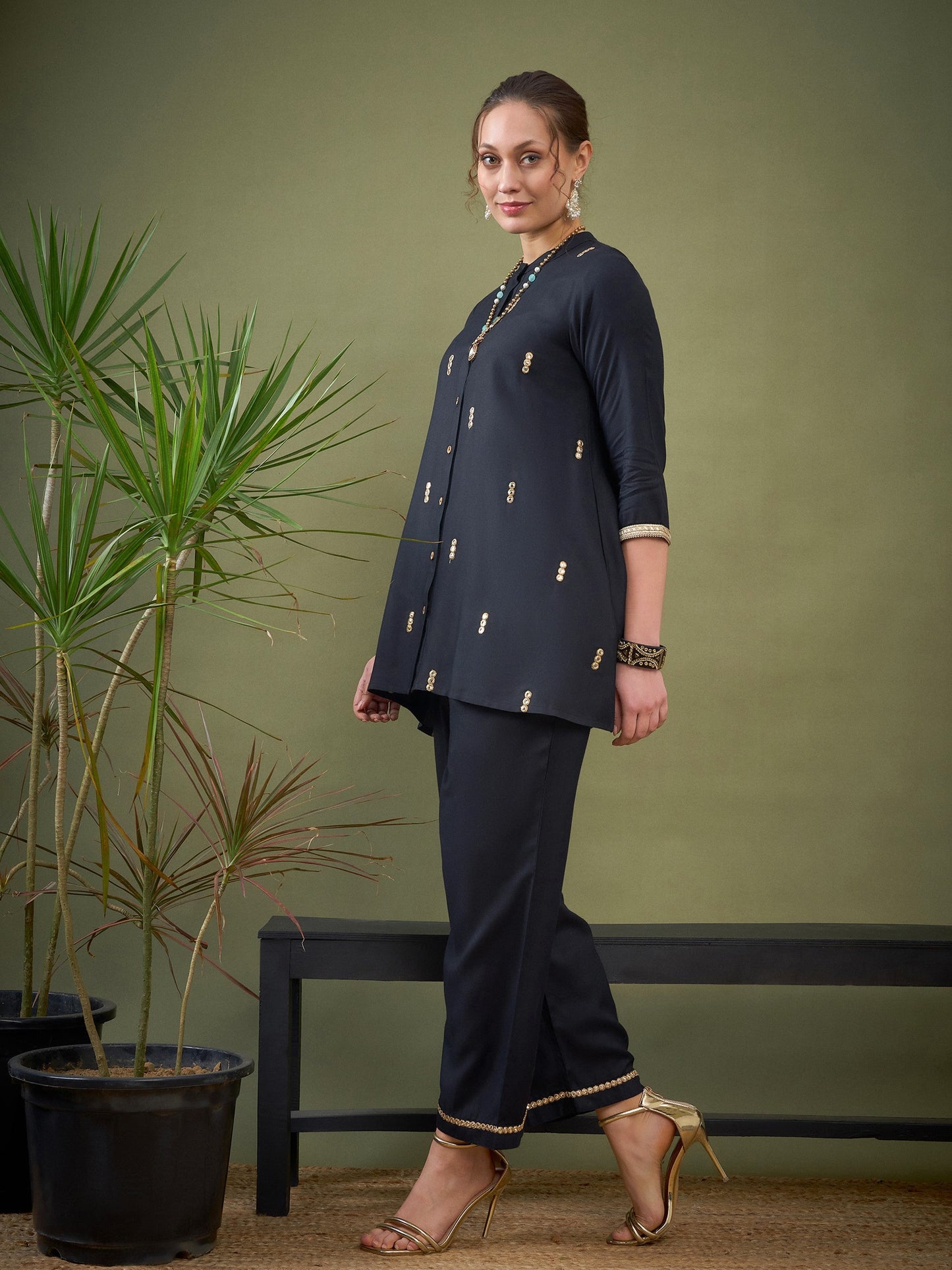 Black Rayon Mirror Embroidered Shirt With Palazzos