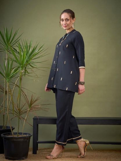 Black Rayon Mirror Embroidered Shirt With Palazzos
