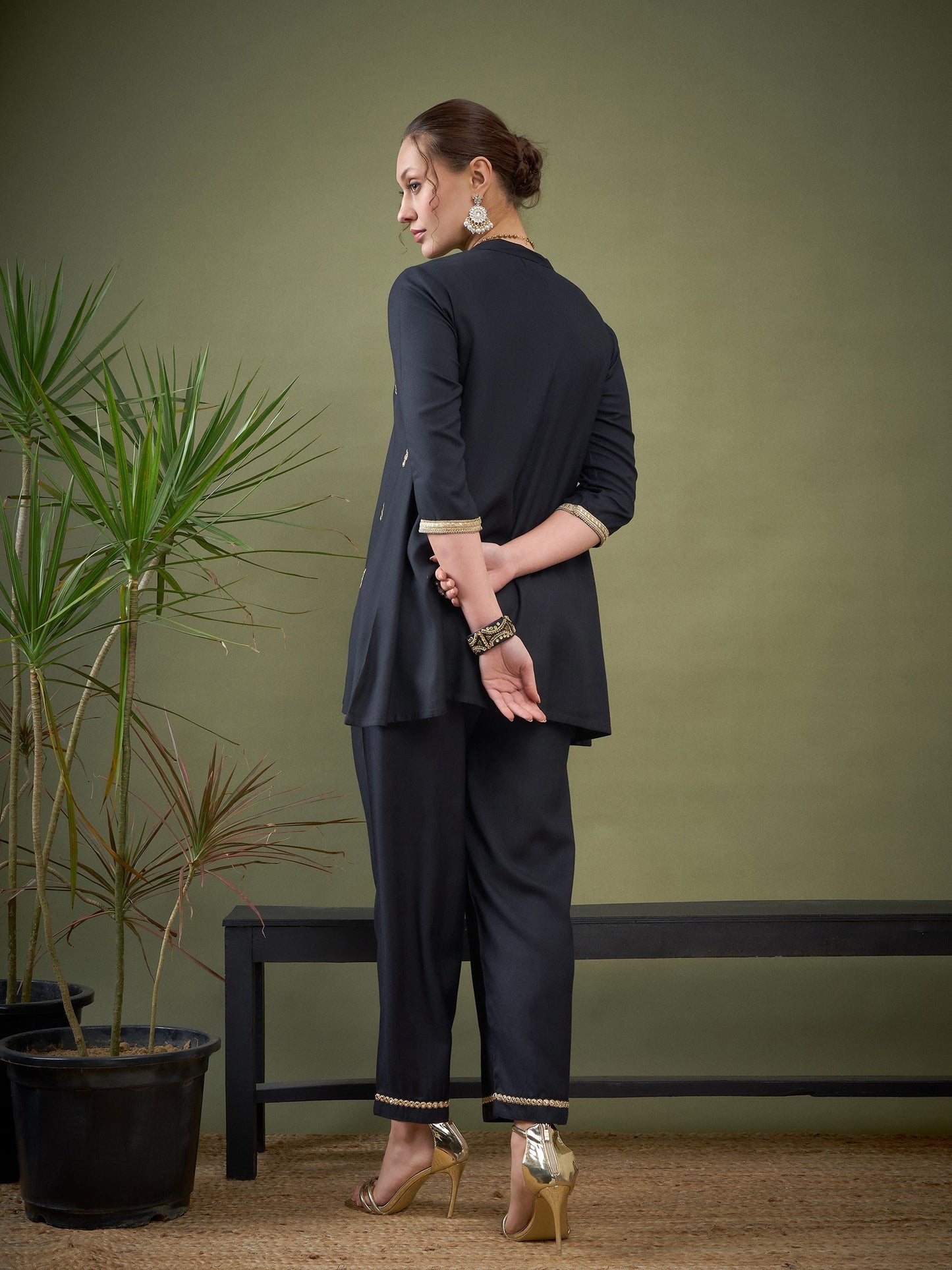 Black Rayon Mirror Embroidered Shirt With Palazzos