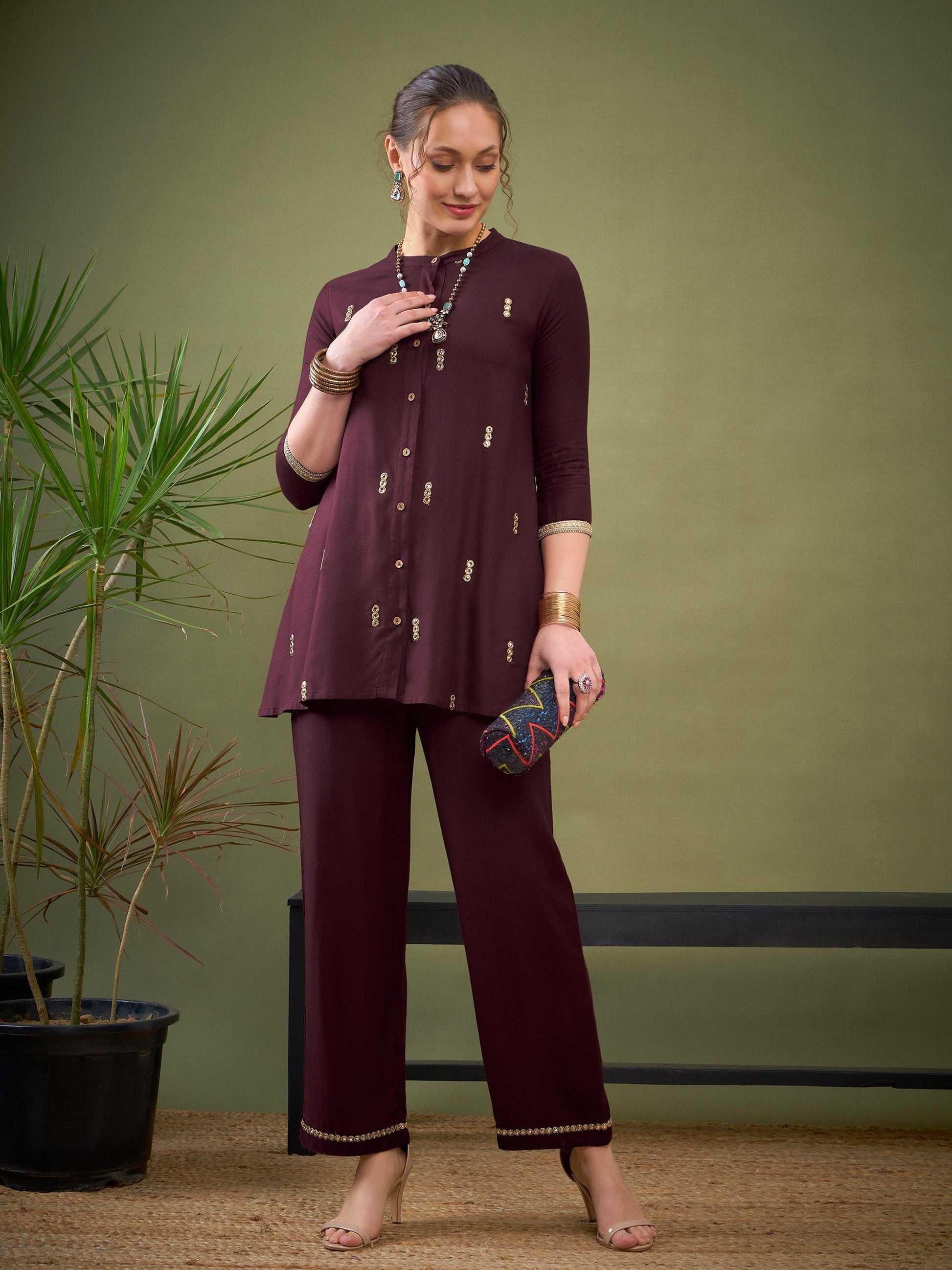 Women's Women Burgundy Rayon Mirror Embroidered Shirt With Palazzos in Rayon by Shae for wholesale, bulk, supplier, manufacturer and wholesaler buyers from Trendphoria