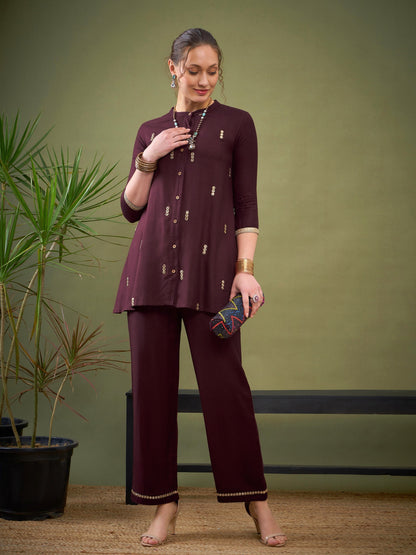 Women's Women Burgundy Rayon Mirror Embroidered Shirt With Palazzos in Rayon by Shae for wholesale, bulk, supplier, manufacturer and wholesaler buyers from Trendphoria