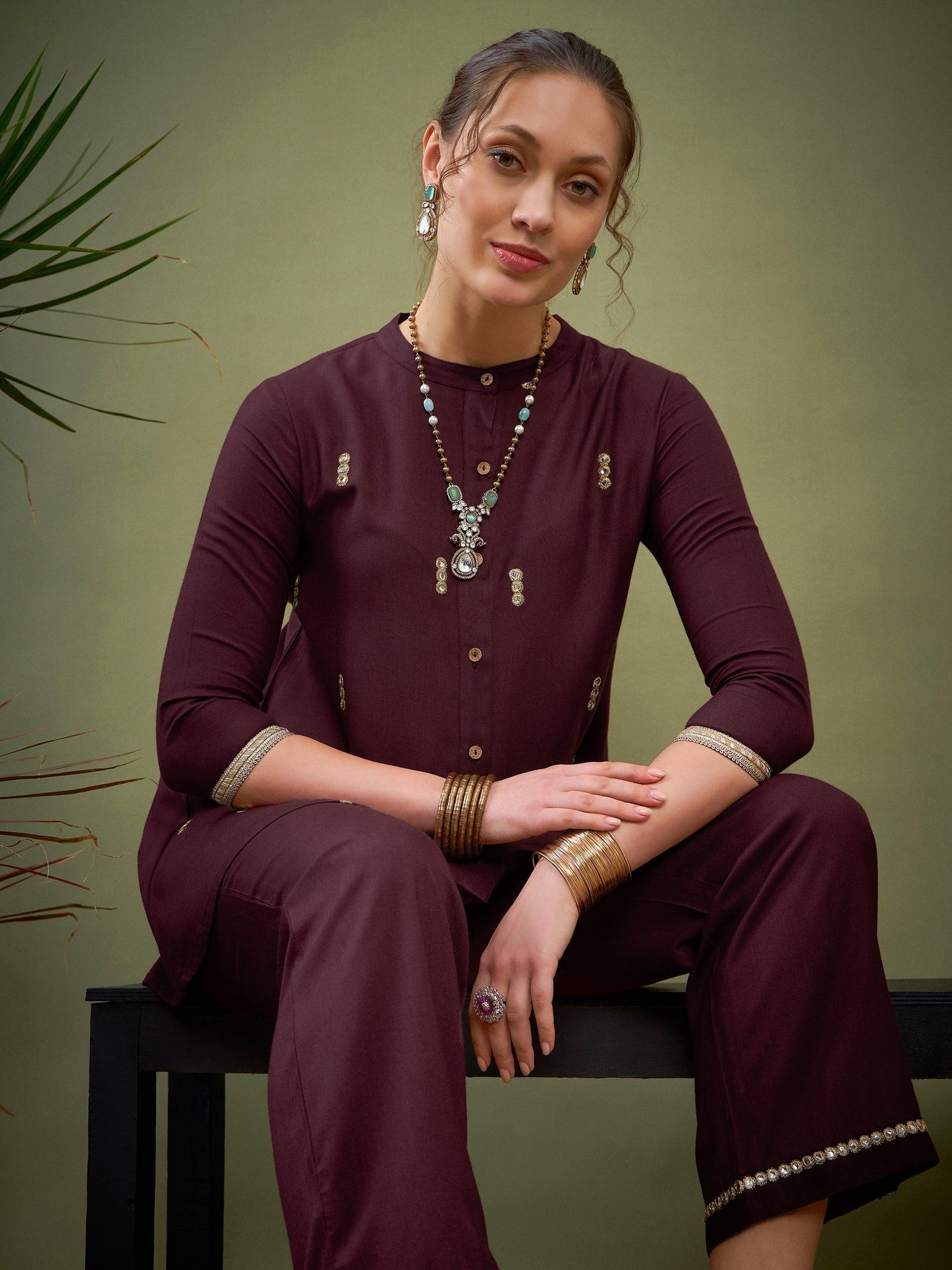 Burgundy Rayon Mirror Embroidered Shirt With Palazzos-Shae by SASSAFRAS