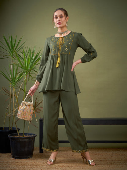 Olive Embroidered Peplum Top With Palazzos