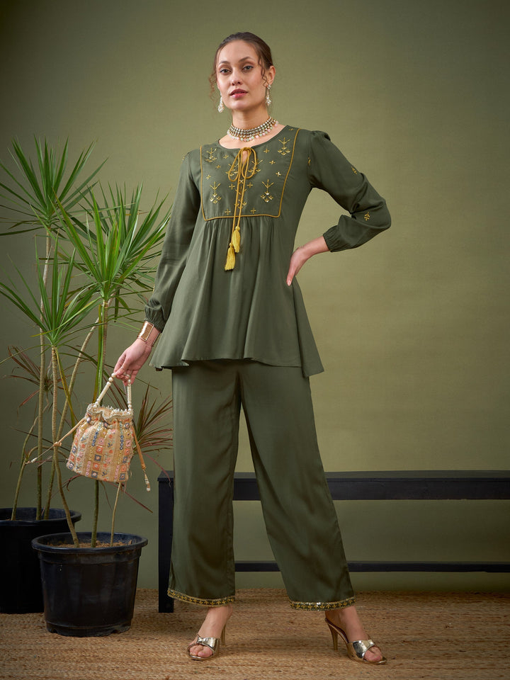 Olive Embroidered Peplum Top With Palazzos