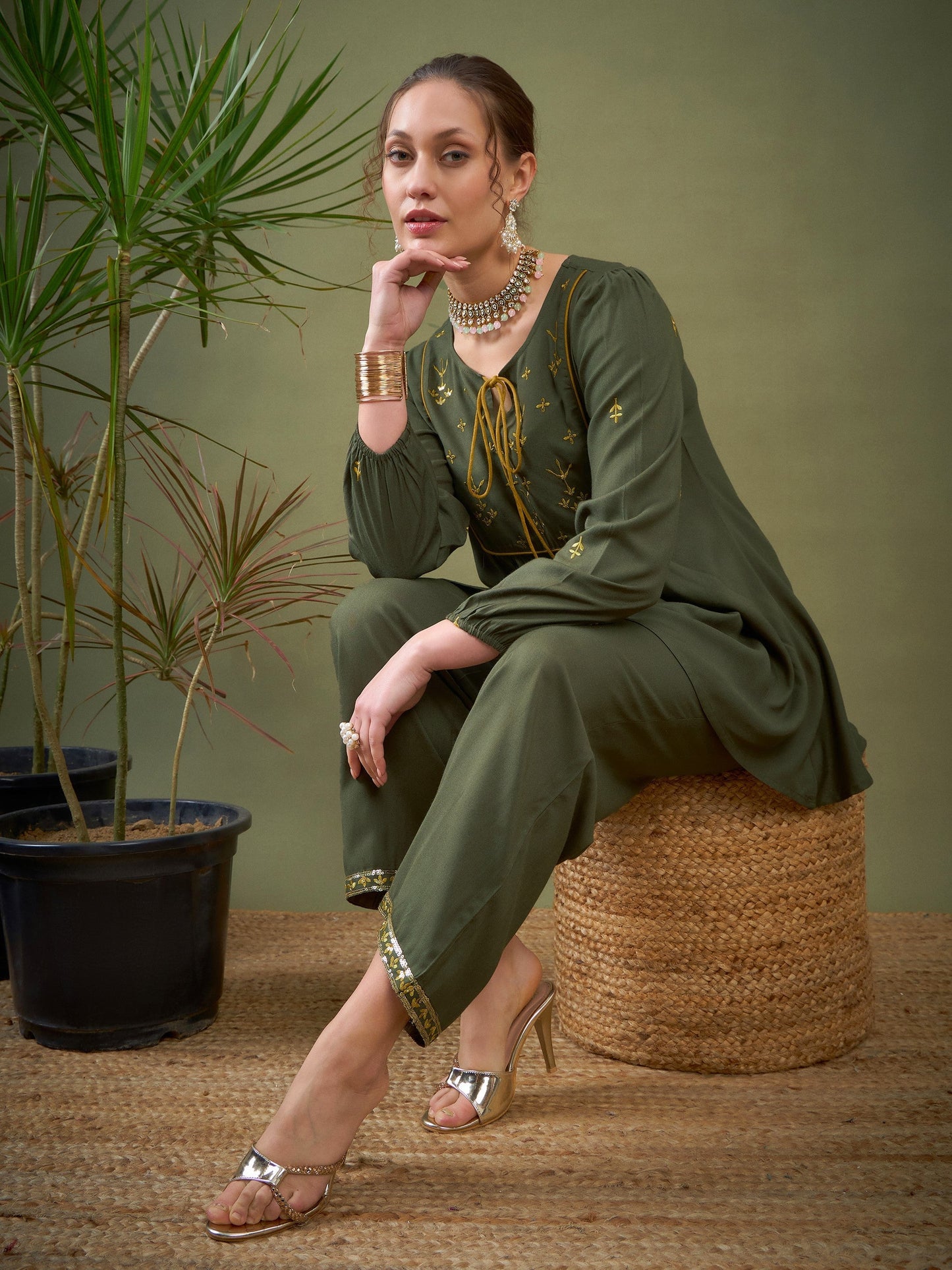 Olive Embroidered Peplum Top With Palazzos