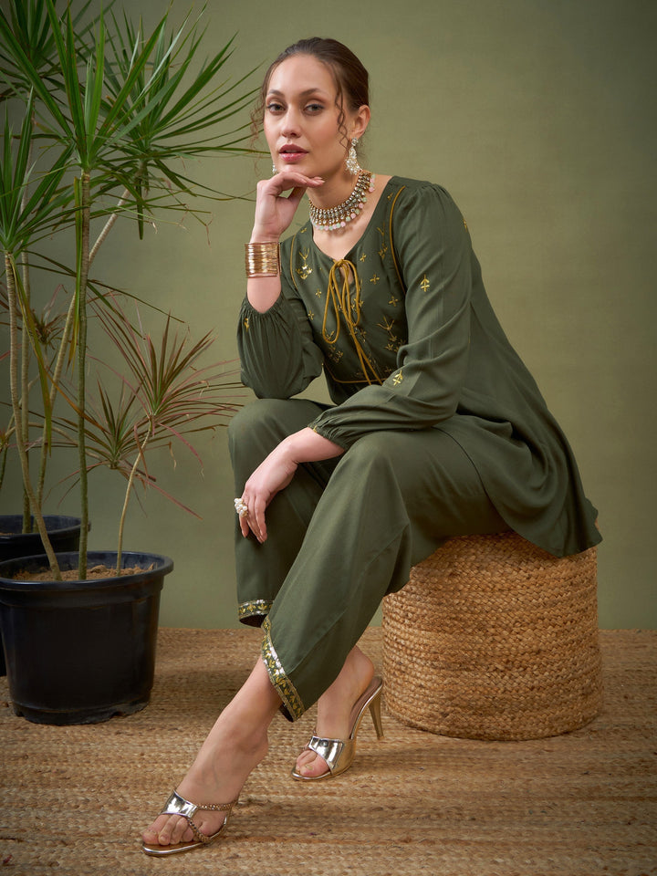 Olive Embroidered Peplum Top With Palazzos