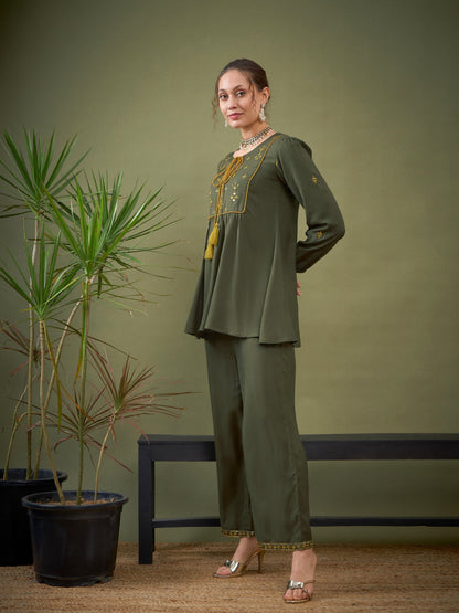 Olive Embroidered Peplum Top With Palazzos