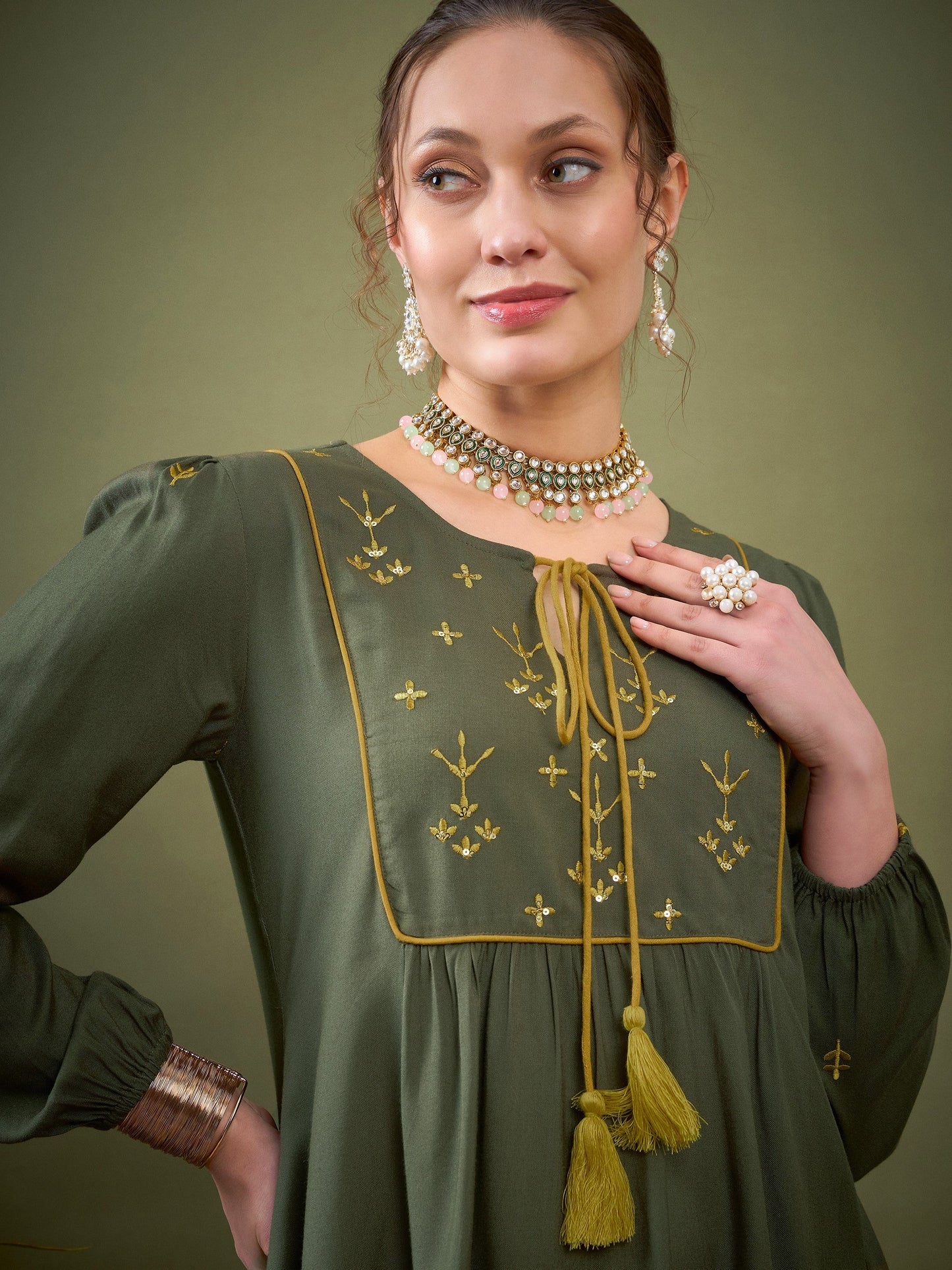 Olive Embroidered Peplum Top With Palazzos