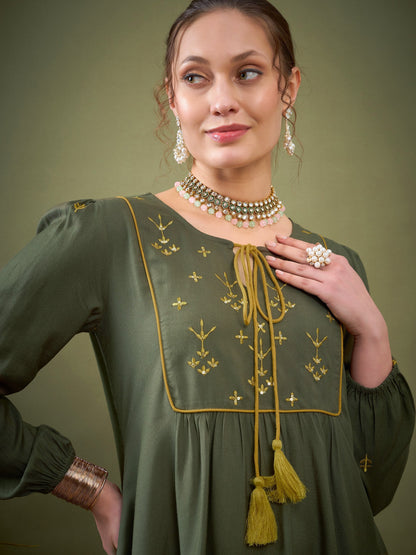 Olive Embroidered Peplum Top With Palazzos