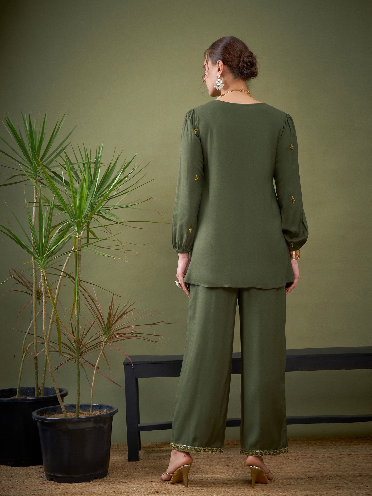 Olive Embroidered Peplum Top With Palazzos