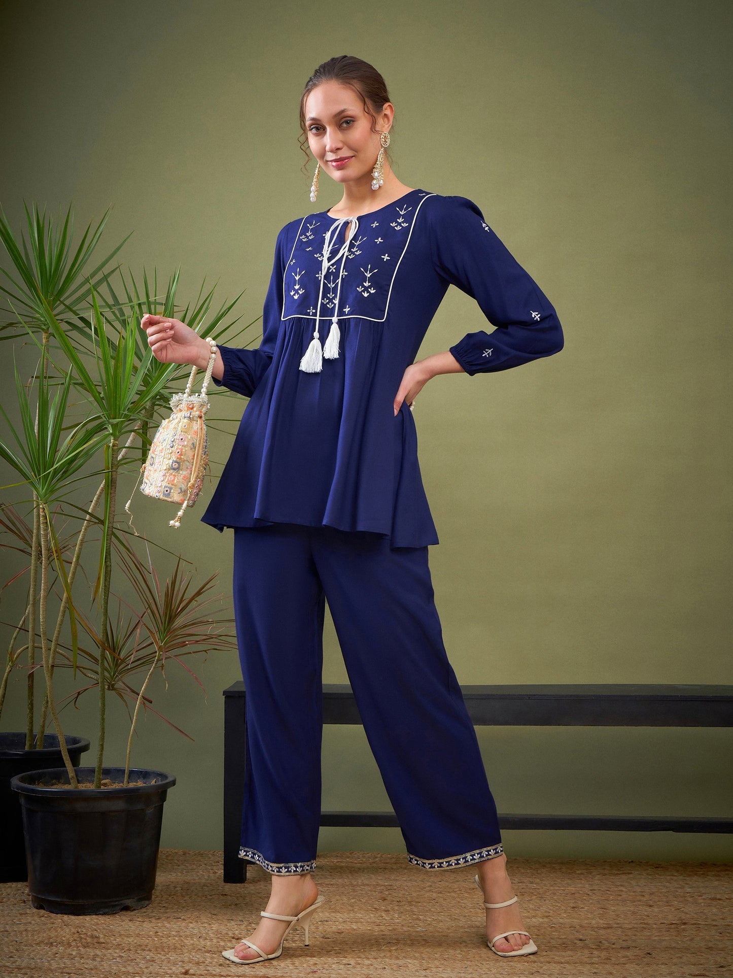 Royal Blue Embroidered Peplum Top With Palazzos