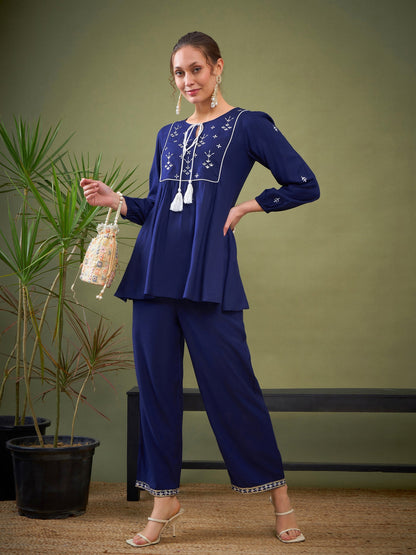 Royal Blue Embroidered Peplum Top With Palazzos