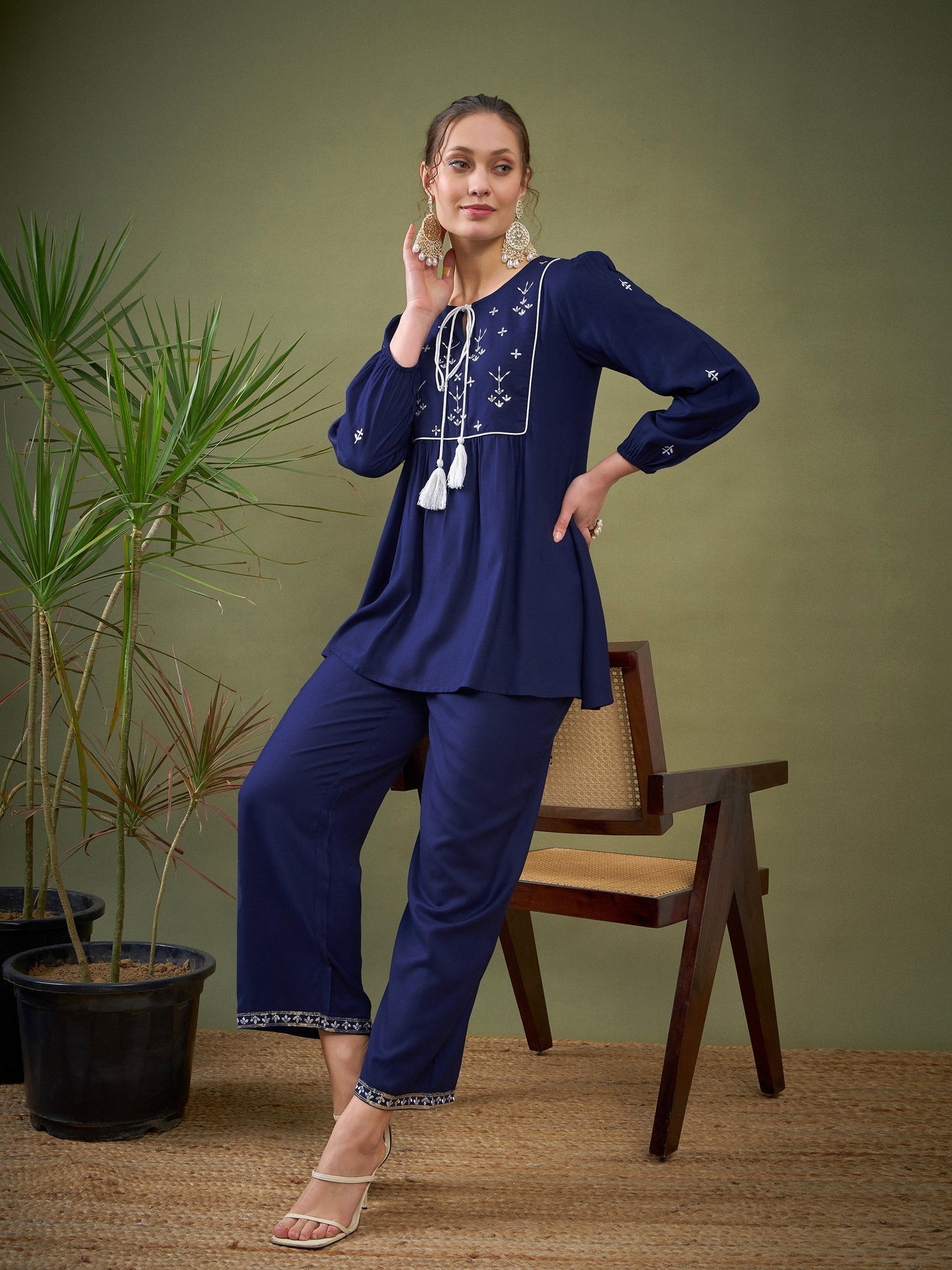 Royal Blue Embroidered Peplum Top With Palazzos