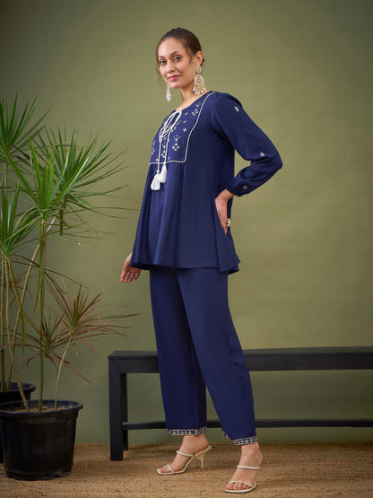 Royal Blue Embroidered Peplum Top With Palazzos