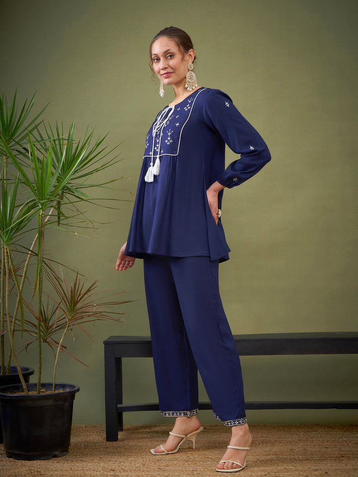 Royal Blue Embroidered Peplum Top With Palazzos