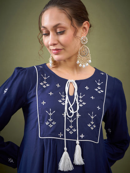 Royal Blue Embroidered Peplum Top With Palazzos
