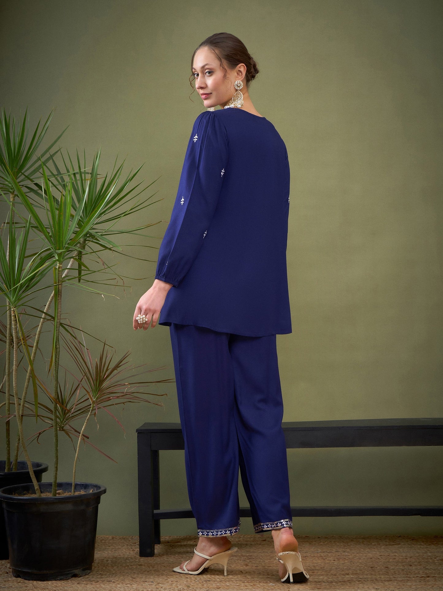 Royal Blue Embroidered Peplum Top With Palazzos