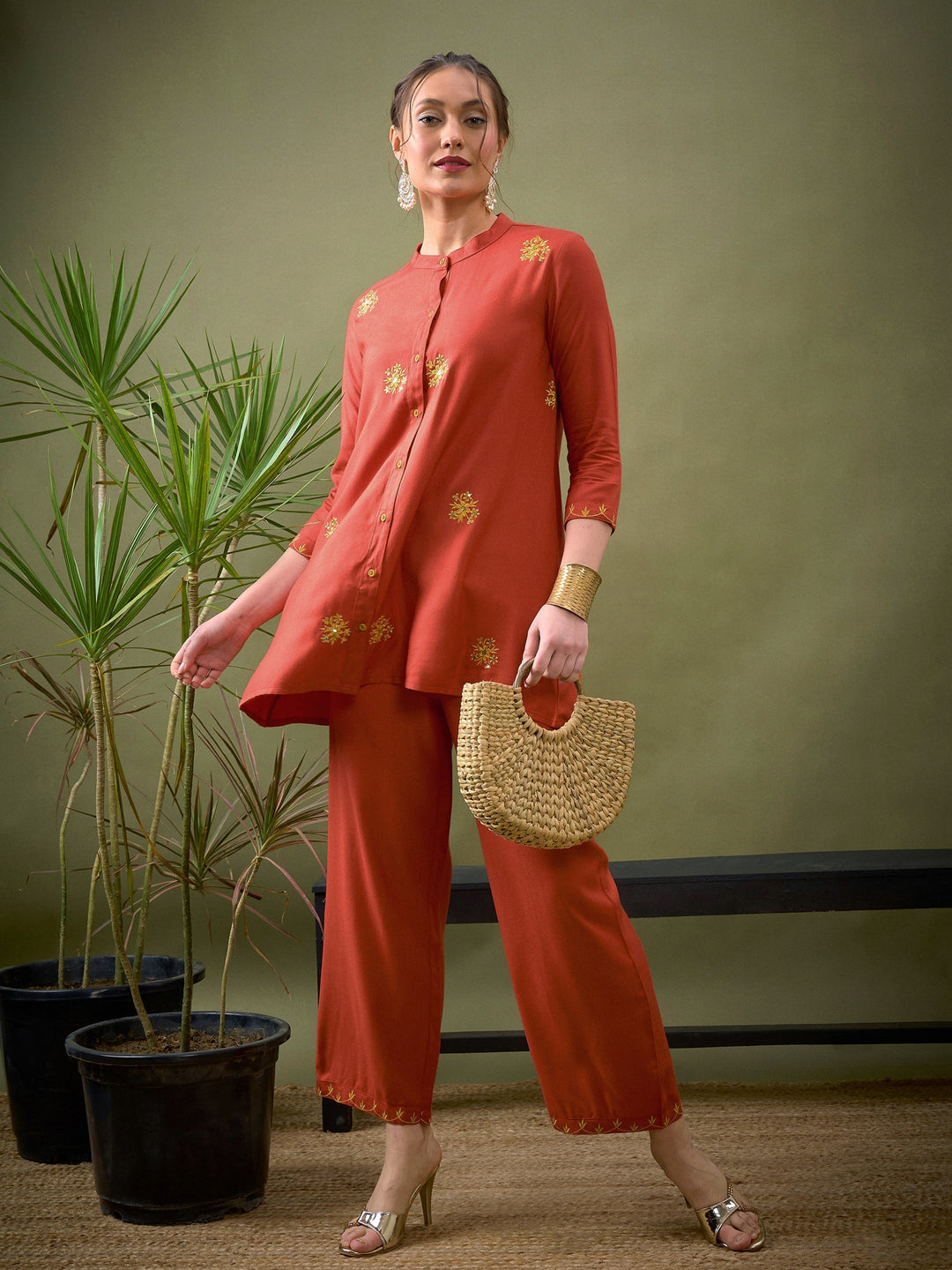 Women's Women Rust All Over Embroidered Shirt With Palazzos in Rayon by Shae for wholesale, bulk, supplier, manufacturer and wholesaler buyers from Trendphoria