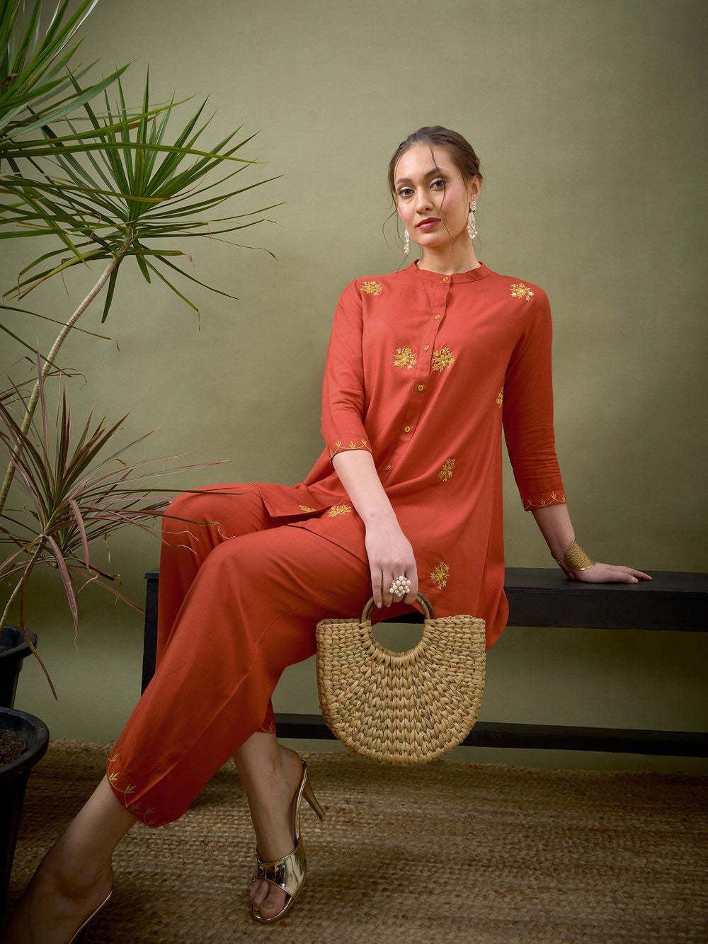 Rust All Over Embroidered Shirt With Palazzos-Shae by SASSAFRAS