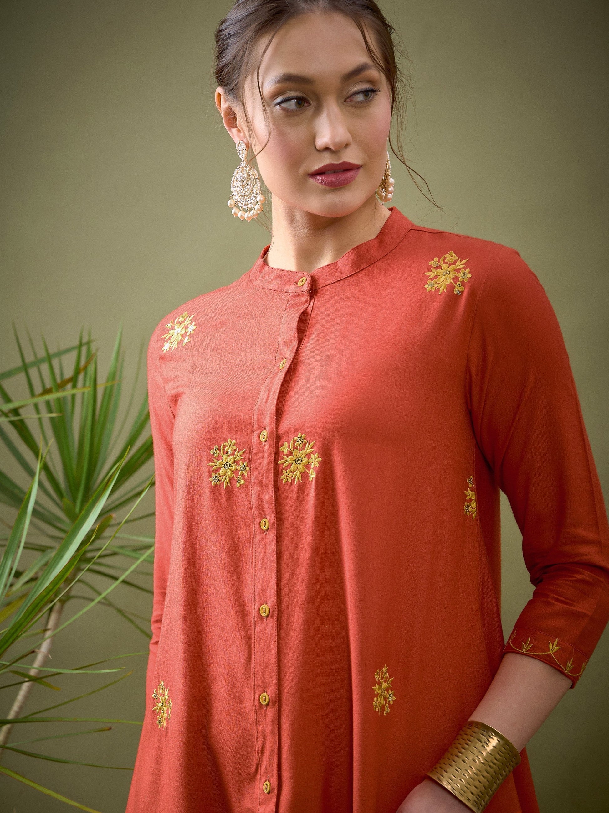 Rust All Over Embroidered Shirt With Palazzos-Shae by SASSAFRAS