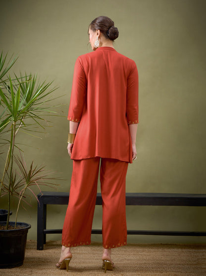 Rust All Over Embroidered Shirt With Palazzos-Shae by SASSAFRAS