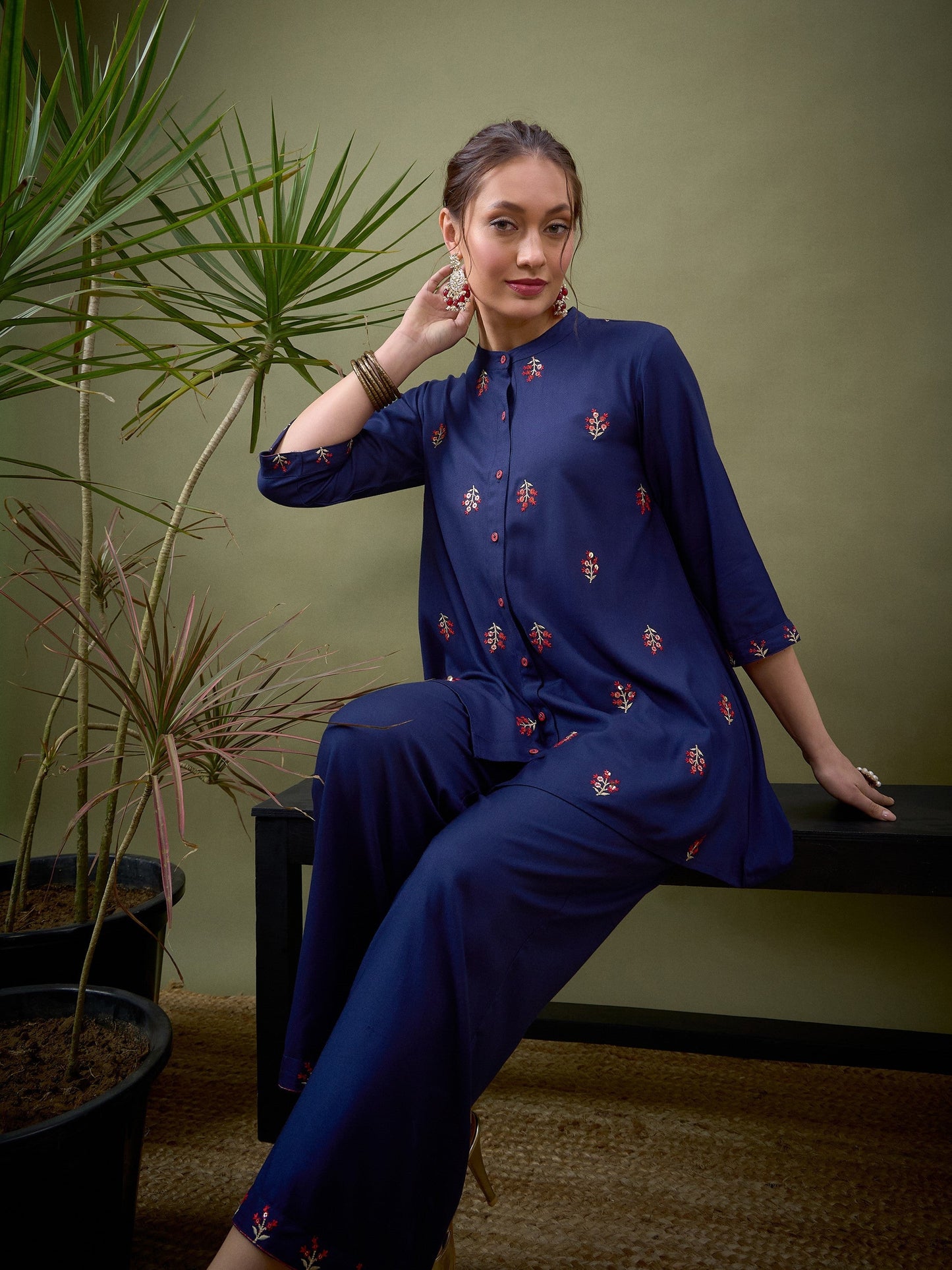 Royal Blue All Over Embroidered Shirt With Palazzos-Shae by SASSAFRAS