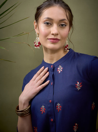 Royal Blue All Over Embroidered Shirt With Palazzos-Shae by SASSAFRAS