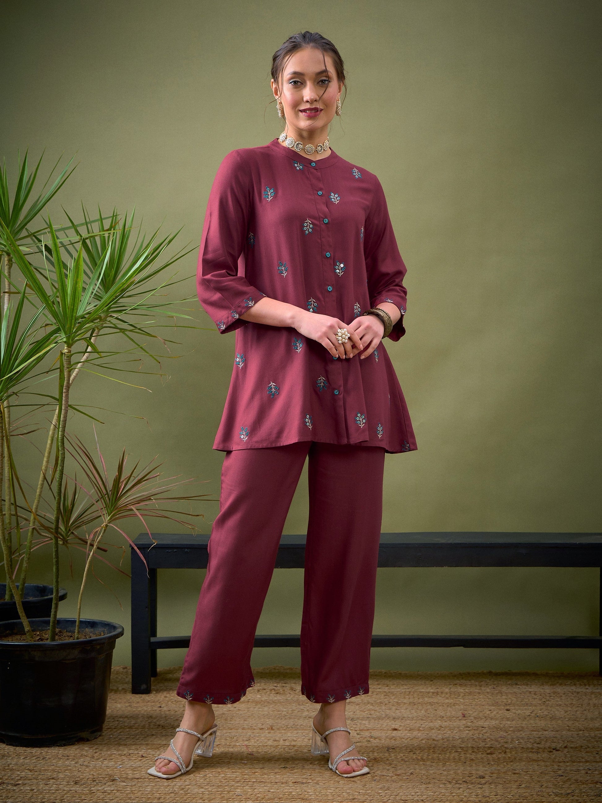 Pink All Over Embroidered Shirt With Palazzos-Shae by SASSAFRAS