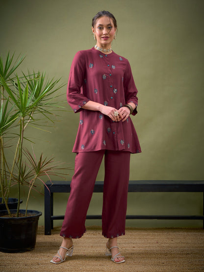 Pink All Over Embroidered Shirt With Palazzos-Shae by SASSAFRAS