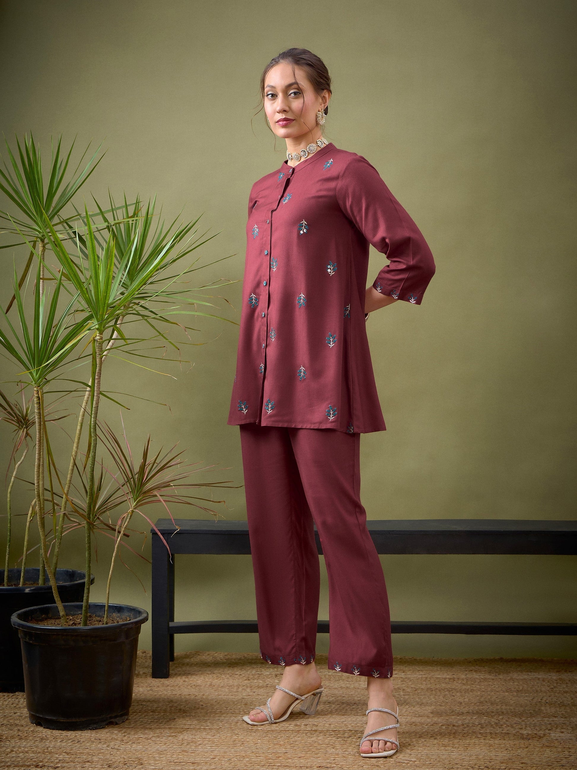 Pink All Over Embroidered Shirt With Palazzos-Shae by SASSAFRAS