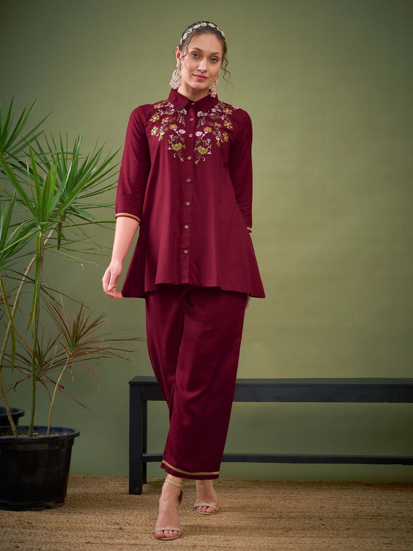 Maroon Front Embroidered Shirt With Palazzos