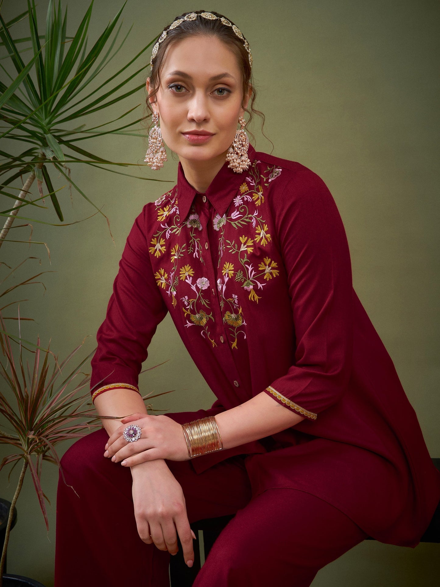 Maroon Front Embroidered Shirt With Palazzos