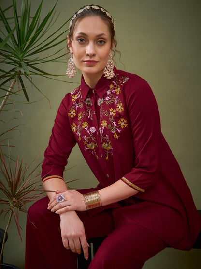 Maroon Front Embroidered Shirt With Palazzos