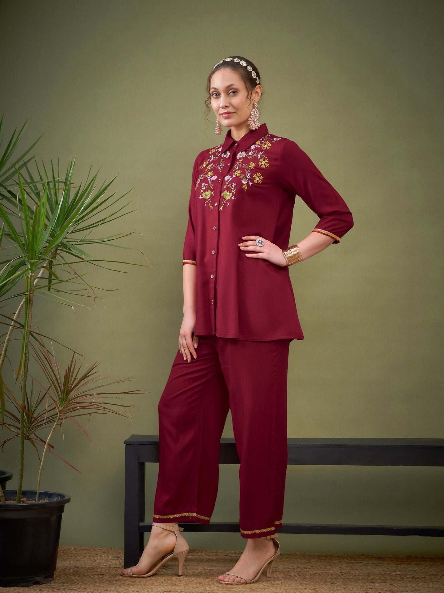 Maroon Front Embroidered Shirt With Palazzos
