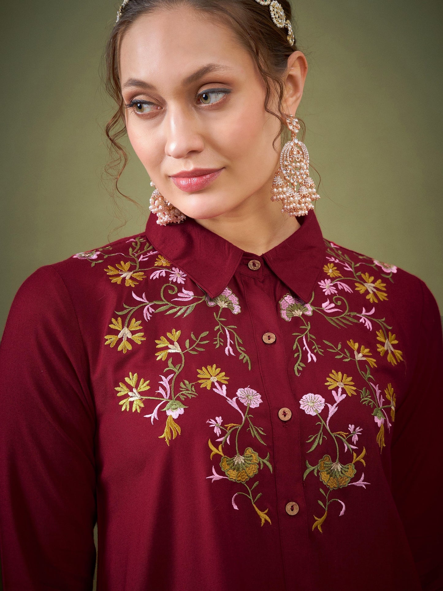 Maroon Front Embroidered Shirt With Palazzos