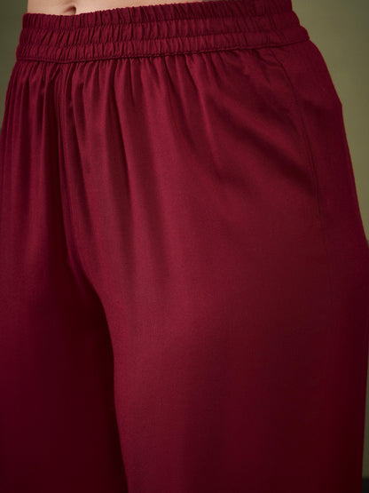 Maroon Front Embroidered Shirt With Palazzos