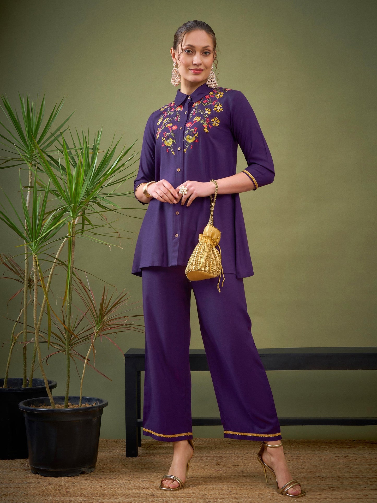 Purple Front Embroidered Shirt With Palazzos