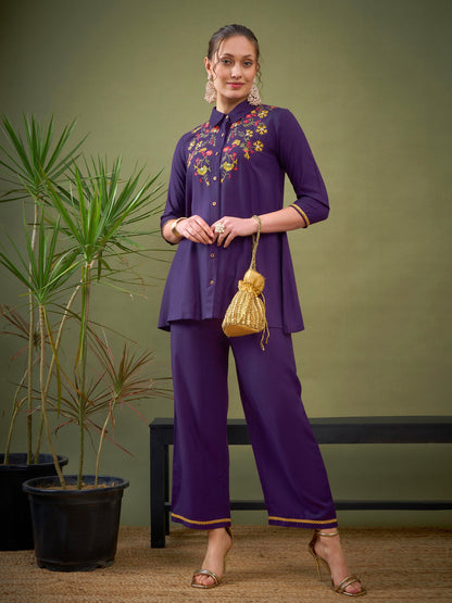 Purple Front Embroidered Shirt With Palazzos