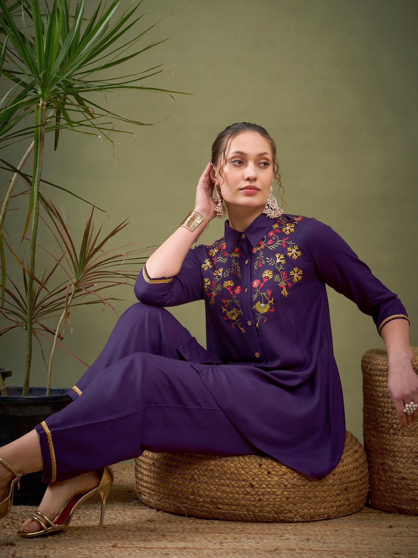 Purple Front Embroidered Shirt With Palazzos