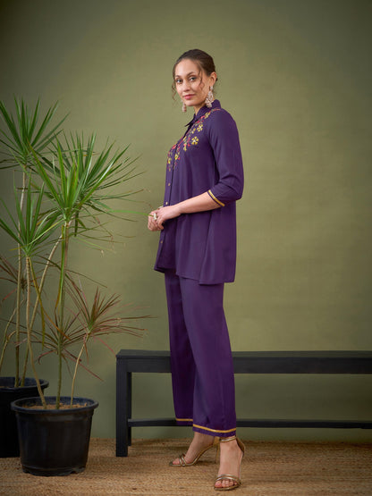 Purple Front Embroidered Shirt With Palazzos