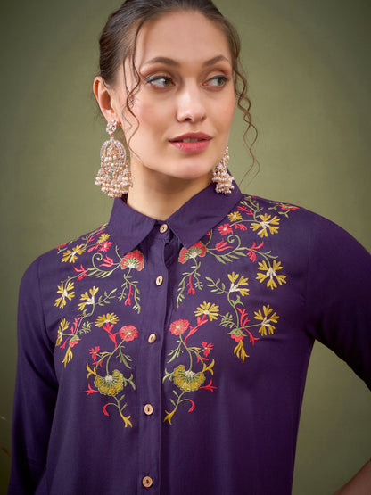 Purple Front Embroidered Shirt With Palazzos