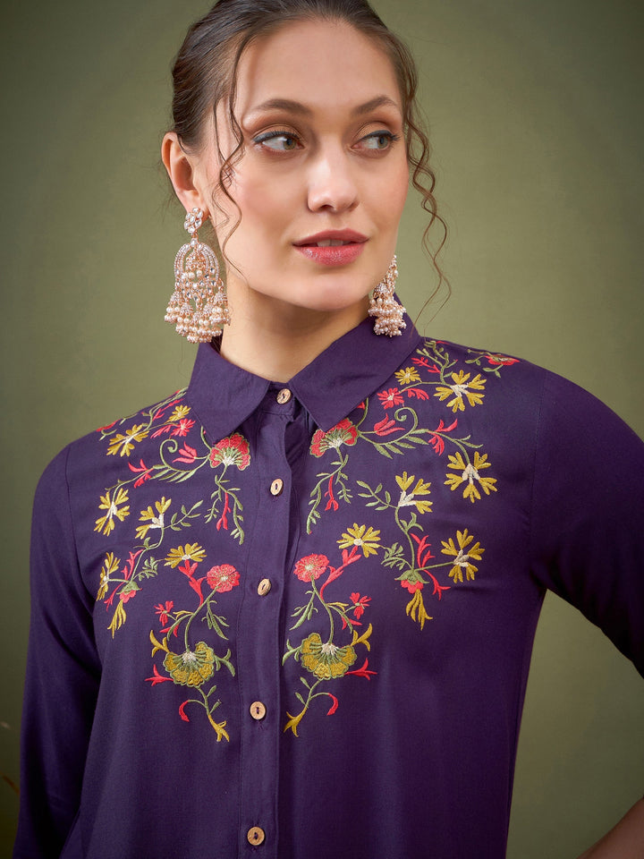 Purple Front Embroidered Shirt With Palazzos