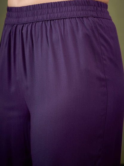 Purple Front Embroidered Shirt With Palazzos
