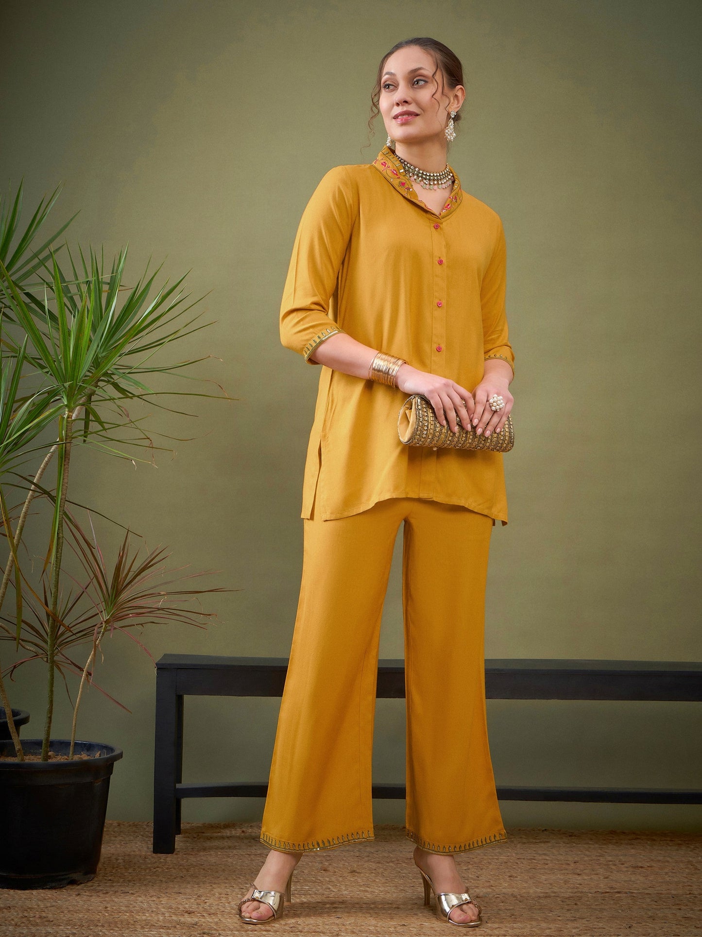 Mustard Shawl Collar Embroidered Shirt With Palazzos