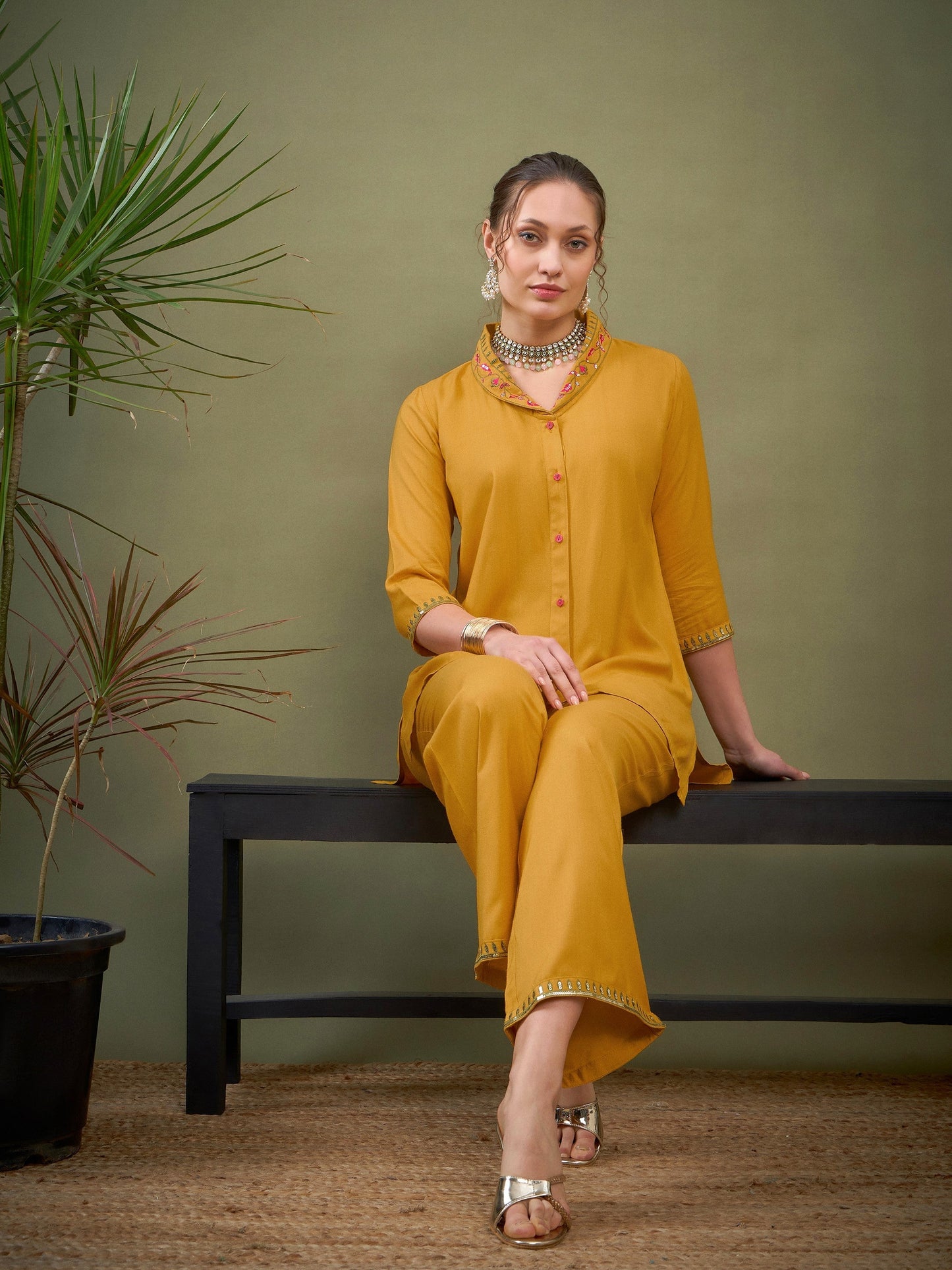Mustard Shawl Collar Embroidered Shirt With Palazzos