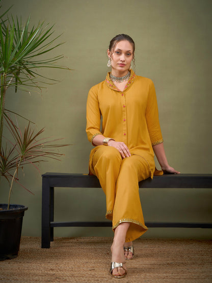 Mustard Shawl Collar Embroidered Shirt With Palazzos