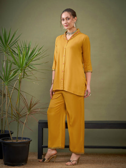 Mustard Shawl Collar Embroidered Shirt With Palazzos