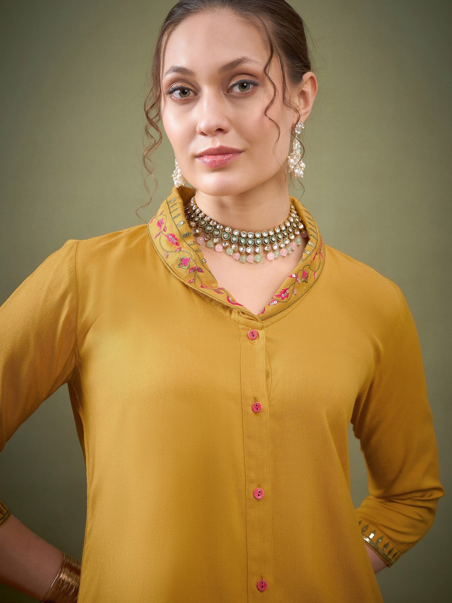Mustard Shawl Collar Embroidered Shirt With Palazzos