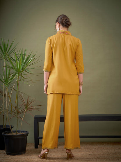 Mustard Shawl Collar Embroidered Shirt With Palazzos