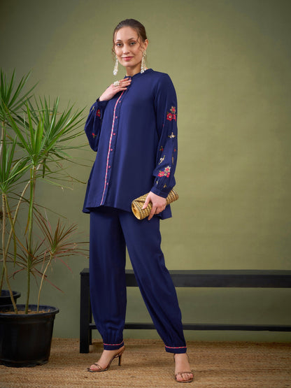 Royal Blue Sleeve Embroidered Shirt With Cuff Pants